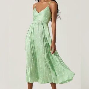 Astr Maeve Pleated Midi Dress, Mint Green Polka Dot, M